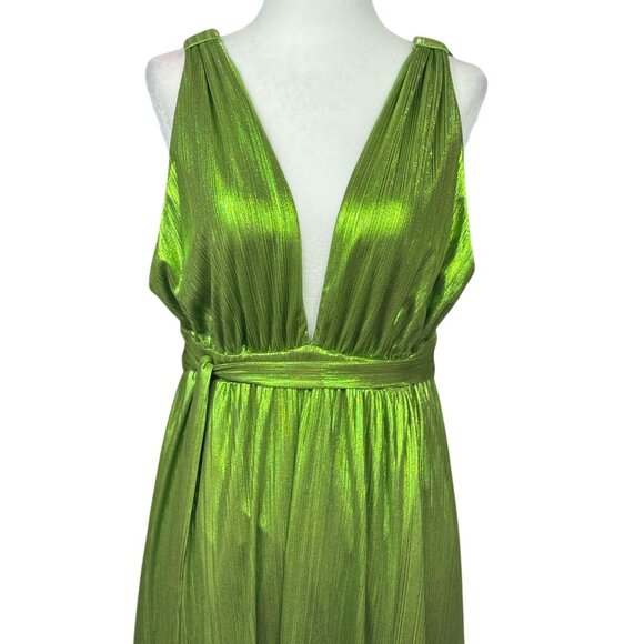 NEW Sincerely Jules Womens L Green Metallic Deep Neck Shiny Pleated Gown Stretch - Picture 6 of 16